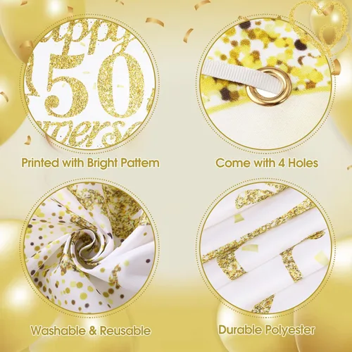 Miniatura 7 de Cartel de decoración del 50º aniversario de boda, pancarta de oro blanco con el texto en inglés "Happy 50th Anniversary" para mujeres y hombres