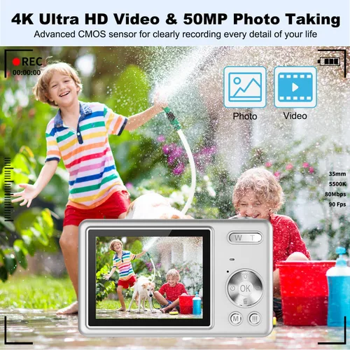 Miniatura 2 de Cámara digital, enfoque automático UHD 4K 50MP cámara de vlogging para fotografía con tarjeta SD de 32 GB, zoom 16X, antivibración, cámaras Plateado