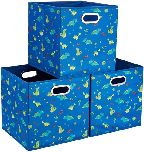 Miniatura 11 de QY-SC05-3 - Cubos de almacenamiento plegables de 13 pulgadas, cajas de almacenamiento de tela a rayas color verde azulado, insertos plegables