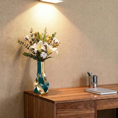 Miniatura 7 de Jarrón de cerámica verde y dorado de 10.6 pulgadas, moderno jarrón de flores geométrico para centro de mesa de comedor, elegante jarrón decorativo