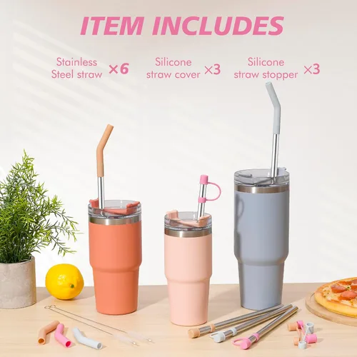 Miniatura 8 de Jetstop Pajitas de acero inoxidable con tapas para vaso Stanley de 30 onzas, popote de metal reutilizable de 10.5 pulgadas con puntas de silicona