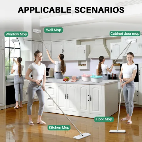 Miniatura 5 de JOYMOOP Trapeadores planos, trapeador de microfibra para limpieza de pisos y limpiador de paredes, mango de trapeador de 50" con cabezal plano
