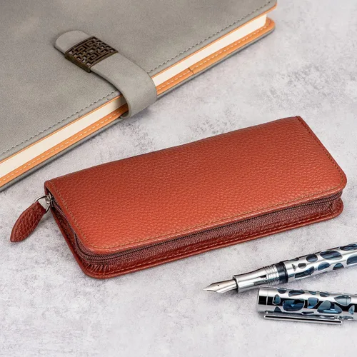 Miniatura 5 de Lanxivi Funda de piel auténtica para pluma estilográfica con 3 ranuras divididas, color negro, estuche con cremallera para bolígrafo, soporte