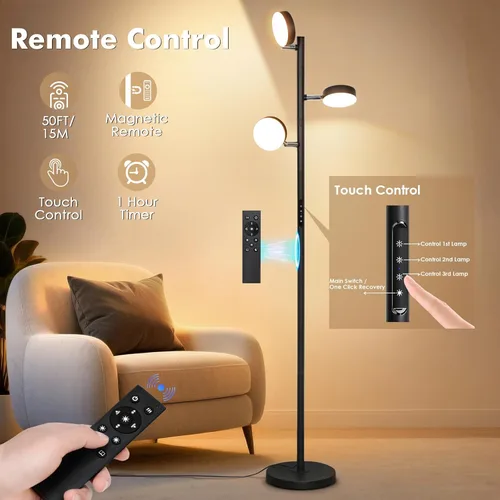 Miniatura 2 de Lámpara de pie de árbol Benaep para sala de estar - Moderna lámpara de pie negra, luz de suelo LED con control remoto y táctil, 3000K-6000K Negro
