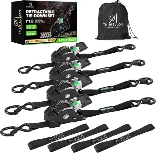 Correas de trinquete retráctiles (paquete de 4) – 1 pulgada x 10 pies (1,650 libras de resistencia a la rotura) – Correas de amarre auto retráctiles