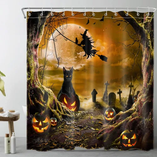 Miniatura 20 de LB Cortina de ducha espeluznante de Halloween, árbol muerto espeluznante con tela de araña de murciélago, cortina de ducha de baño con temática