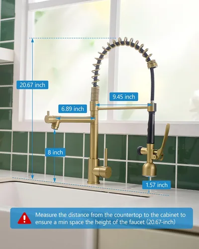Miniatura 6 de Fapully Grifo de cocina de una sola manija con arco alto, dorado cepillado, extraíble con LED, grifos de fregadero de cocina de una sola palanca