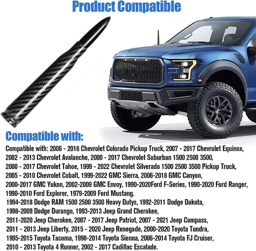 Miniatura 7 de Antena de bala Calibre 50 para auto y camión con diseño de bandera americana Compatible con Ford F150 F250 F350, Dodge RAM 1500, Chevy Silverado