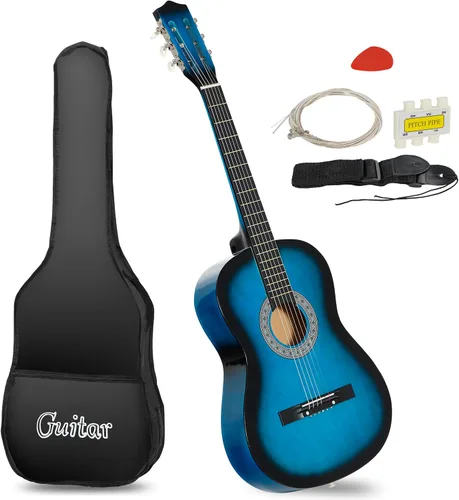 Guitarra acústica de 6 cuerdas de 38 pulgadas con correa para la bolsa de transporte, juego de cuerdas extra para principiantes, niños, niñas, Azul