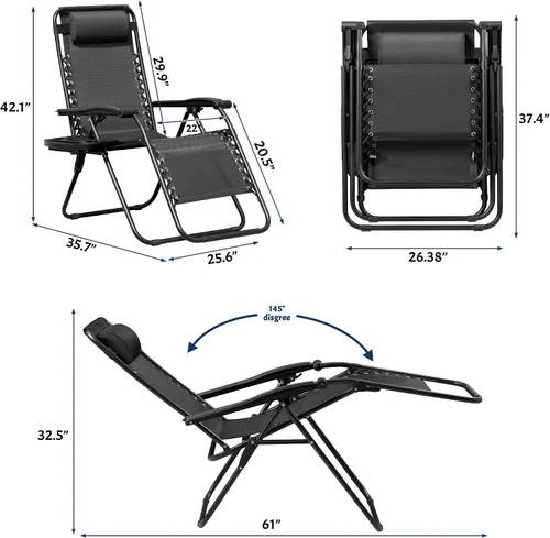 Miniatura 3 de Greesum Sillas Zero Gravity - Juego de 2 sillones reclinables ajustables de malla de acero para playa, terraza, césped, camping, patio, silla Negro