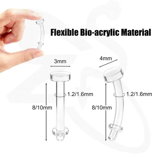 Miniatura 6 de ZS 4 pares de piercings de cejas transparentes de 16G y 14G, retenedores de plástico para el vientre y labios, aretes de acrílico Bioflex Daith Rook