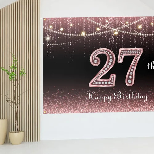 Miniatura 7 de HAMIGAR Fondo de pancarta de feliz cumpleaños 27 de 6 x 4 pies, decoraciones de cumpleaños de 27 años, suministros de fiesta para mujeres, oro rosa