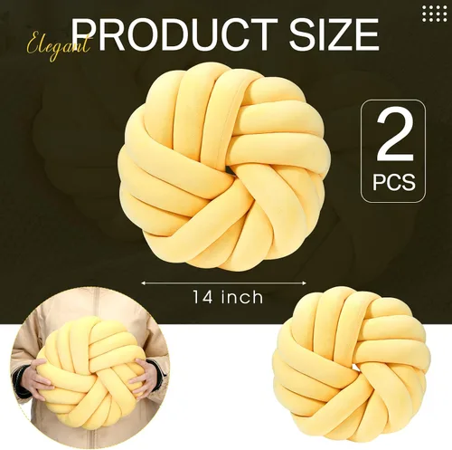 Miniatura 3 de Fumete 2 Piezas Almohadas de Nudo Redondas de 14 Pulgadas, Almohada de Bola de Nudo de Felpa Suave Decorativa, Hecha a Mano, Anudada, Cojín Amarillo