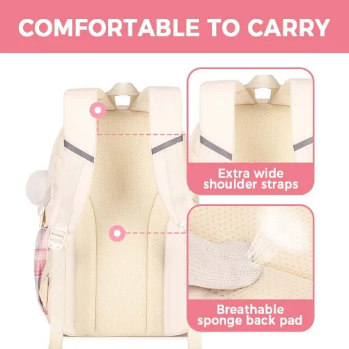 Miniatura 3 de Linda mochila universitaria para laptop para mujer, bolsa de computadora estética de gran capacidad, mochila kawaii rosa con colgante (beige)
