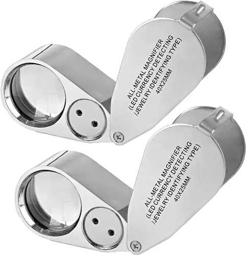 Paquete de 2 lupas de lazo de joyería iluminadas de metal 40X, lupa con bolsillo de luz LED, lupa plegable para joyería para detectar divisas,