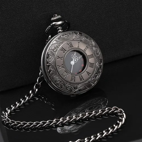 Miniatura 2 de Reloj de bolsillo vintage de acero para hombre con cadena, Negro