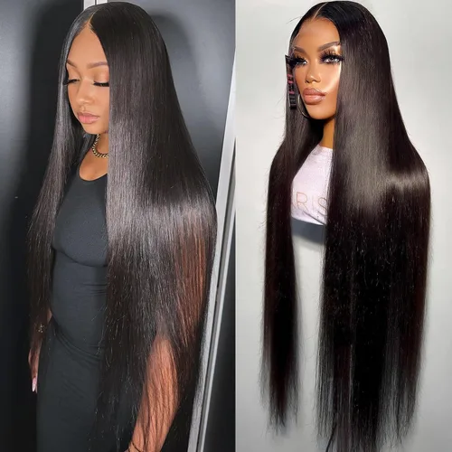 Miniatura 17 de Pelucas de cabello humano lacio con encaje frontal de hueso de 13 x 4 para mujeres negras, densidad del 200 %, peluca frontal de encaje transparente
