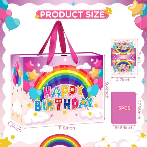 Miniatura 3 de Bolsa de regalo de cumpleaños grande para niñas y niños, bolsa de regalo de cumpleaños con tarjeta de felicitación y papel de seda, bolsa de papel
