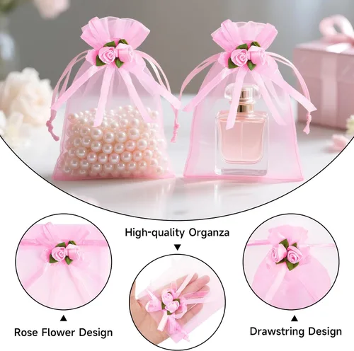 Miniatura 3 de G2PLUS - 30 bolsas de organza rosa de 4 x 6 pulgadas, bolsas de regalo para bodas en color rosa, bolsas transparentes de malla para joyas con cordón