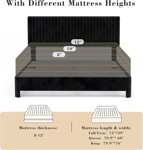 Miniatura 8 de Vipbear Base de cama de tamaño matrimonial con heaboard, marco de cama tapizado de terciopelo de lujo con soporte de listones de madera, bajo