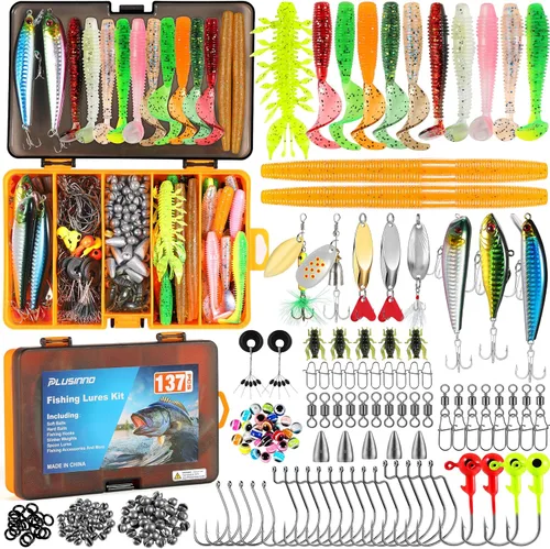 PLUSINNO Fishing Lures, 137Pcs Tackle Box with Tackle Included, Crankbaits, Spoon, Hooks, Weights & Other Accessories, Fishing Bait Lure Gear Kit