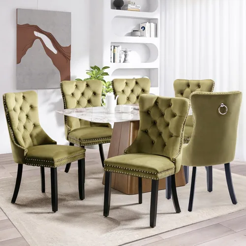 Miniatura 39 de SoarFlash Juego de 2 sillas de comedor de tela de lino, sillas de comedor tapizadas con ribete de cabeza de clavo y patas de madera de color claro