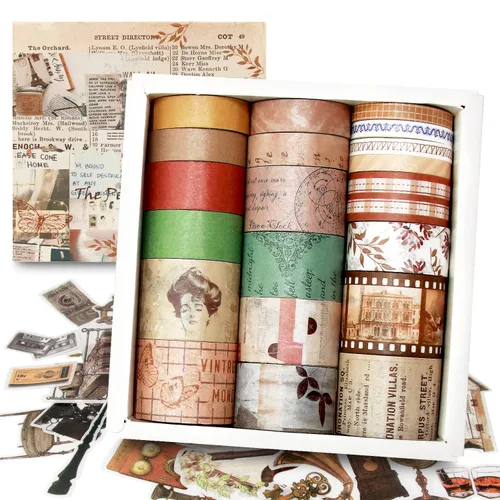Miniatura 7 de Juego de 20 rollos de cinta washi vintage y 30 calcomanías antiguas para pósteres de periódico, cinta adhesiva estética para suministros de álbumes