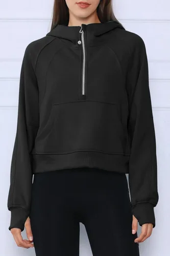 Miniatura 2 de Trendy Queen Sudadera corta con capucha de media cremallera para mujer, sudadera con cremallera de un cuarto, ropa de invierno 2022
