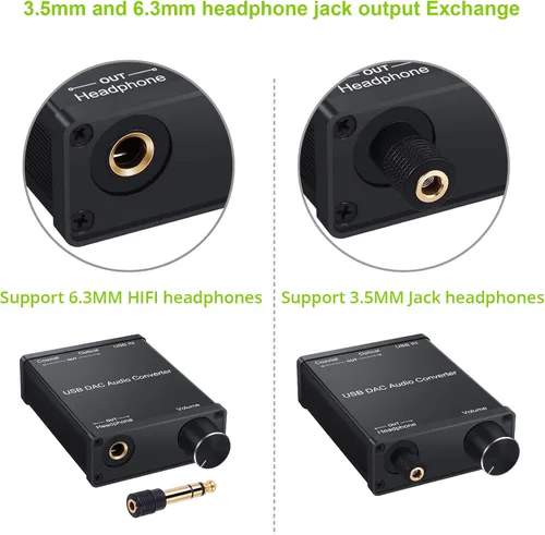 Miniatura 5 de LiNKFOR Amplificador USB DAC y auriculares, coaxial/óptico/salida de auriculares de 0.250 in, USB a coaxial S/PDIF convertidor digital a analógico