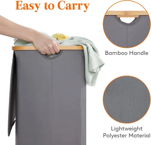 Miniatura 6 de Lifewit - Cesta de ropa sucia de 100L con tapa, cestos para la ropa con asas de bambú y una bolsa extraíble, cesto grande plegable para la ropa