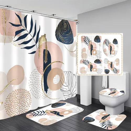Miniatura 13 de LQCOOL 4Pcs Black Green Shower Curtain Set, Modern Minimalist Bathroom Sets, Abstract Botanical Bathroom Sets with Shower Curtain and Rugs, Tropical