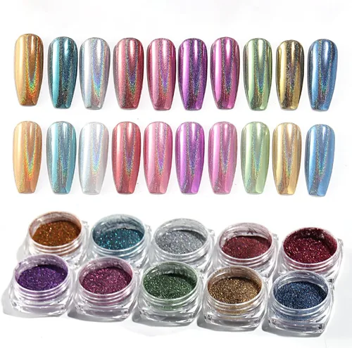 Miniatura 6 de Polvo holográfico de uñas de 10 colores, espejo metálico iridiscente Holo Aurora, efecto láser, pigmento cromado, purpurina para salón de belleza