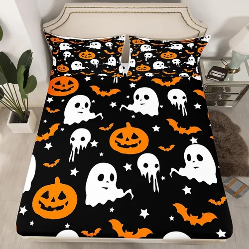 Miniatura 28 de Juego de sábanas bajeras con bonito diseño de gato negro para niños y niñas, diseño de dibujos animados de Halloween, gato, animales, sábanas