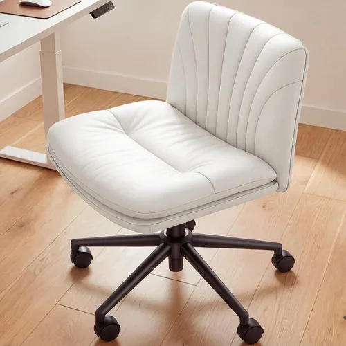 Marsail Silla de Escritorio de Oficina sin Brazos con Ruedas: Silla Ancha de Cuero PU con Piernas Cruzadas, Sillas de Trabajo Giratorias Ajustables