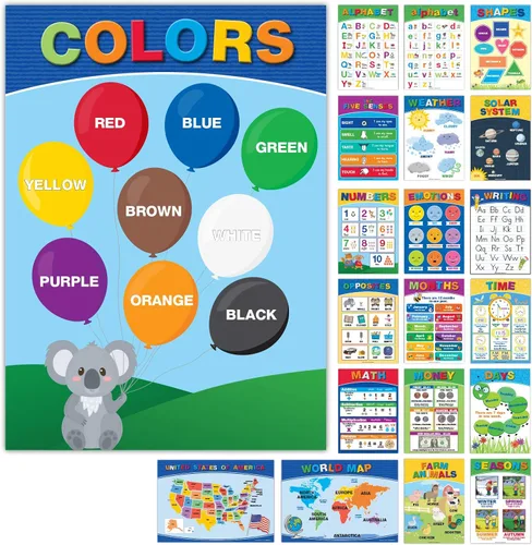 20 Carteles Educativos Grandes para Niños Pequeños (16.5x12 pulgadas Doble Cara Inglés/Español) Alfabeto Colores Letras Números Formas Meses Días