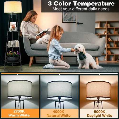 Miniatura 2 de Lámpara de Pie con Estanterías, Lámpara de Pie Moderna con Bombillas LED de 3 Temperaturas de Color, Lámparas de Pie de Rincón para Sala de Estar