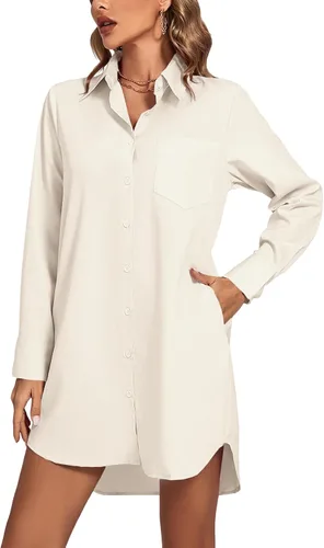 Miniatura 23 de LYANER Vestido camisero para mujer con cuello en V, botones, manga larga y dobladillo curvado