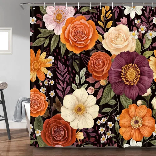 Miniatura 11 de Torich Cortina de ducha floral bohemia, abstracta de mediados de siglo, decoración bohemia, cortinas de baño, flores botánicas, hojas tropicales