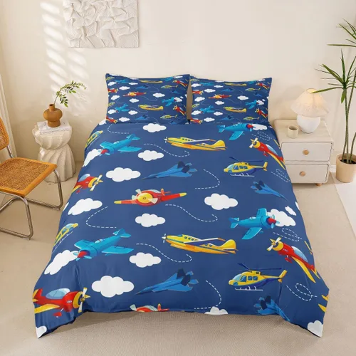 Miniatura 9 de Feelyou Juego de ropa de cama de avión, tamaño individual, para niños, adolescentes, funda de edredón para vuelo, helicóptero, avión volador, azul