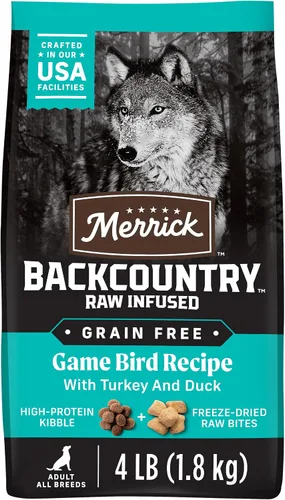 Merrick Backcountry - Alimento seco para perros adultos sin granos, croquetas con piezas crudas liofilizadas, receta de aves de caza, bolsa de 4.0