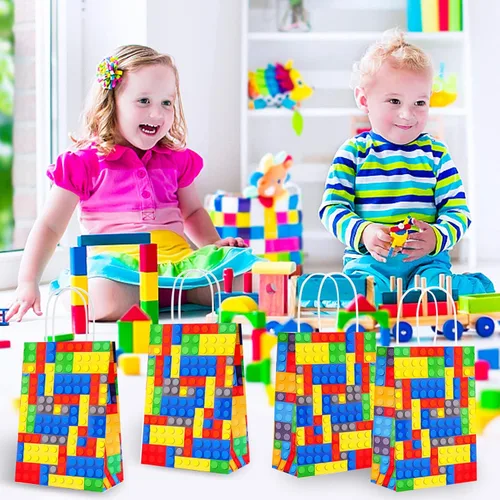 Miniatura 7 de Diomelu 24 bolsas de bloques de construcción, bolsas de dulces de ladrillos de color, bolsas de regalo para fiestas temáticas con asas, bolsa
