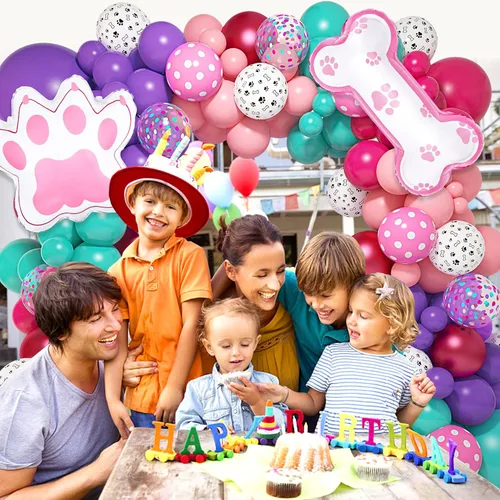 Miniatura 7 de Kit de arco de guirnalda de 147 piezas de globos con diseño de pata con globos con estampado de pata de perro rosa, morado, turquesa, globos