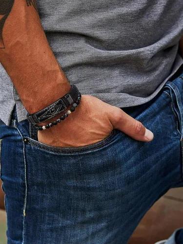 Miniatura 2 de Bandmax Pulsera trenzada de cuero negro para hombre con colgante gótico punk, pulsera de cuero con hebilla de acero inoxidable, paquete de regalo