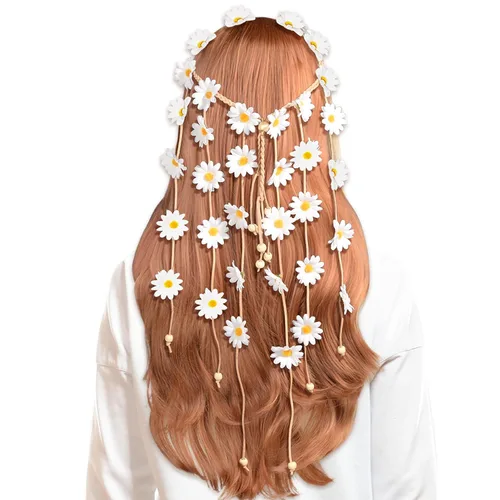 Miniatura 7 de Sucrain 2 diademas hippie de flores, corona floral, accesorios para el cabello de girasol de verano para los años 70, estilo bohemio para mujeres