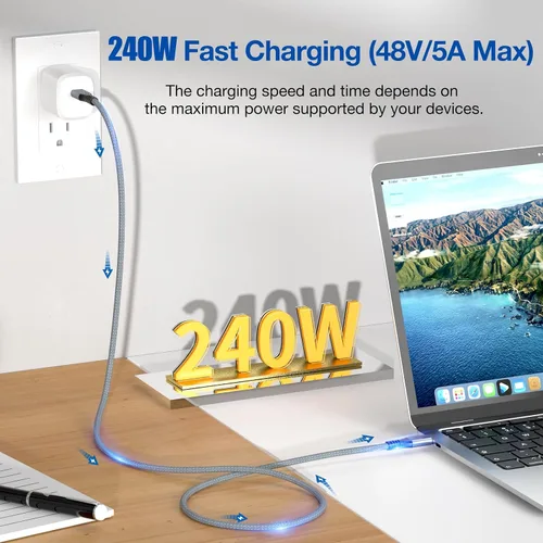 Miniatura 2 de Cable de datos USB C 3.2 Gen2X2 de 20 Gbps de 3.3 pies, USB C a USB C, cable de video 4K, cable de carga rápida PD de 240 W tipo C a C para iPhone