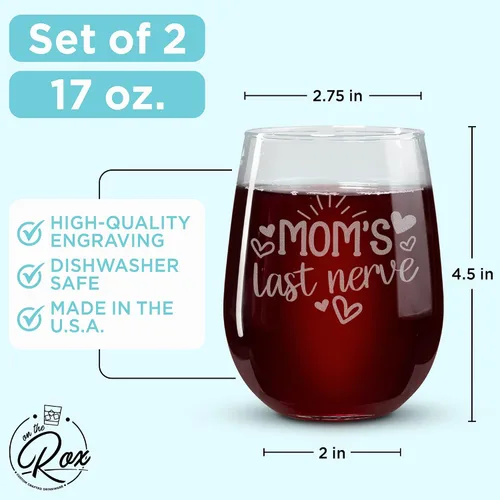 Miniatura 2 de On The Rox Drinks Regalos de vino para mamás – Juego de 2 copas de vino sin tallo de 17 onzas «Because Kids and Mom's Last Nerve», regalos 2 piezas