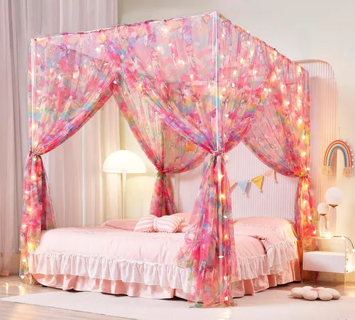 Miniatura 24 de Mengersi Cortina para Dosel de Cama Princesa, con 4 Esquinas, Dosel con Mosquitero para Cama de Princesa (Blanco, Doble)