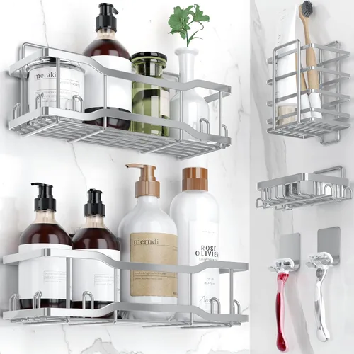 Miniatura 11 de Estantes de Ducha para Baño, El Juego Athena Silken de 4, Capacidad de 40 Libras, Cinta Adhesiva Sin Taladro - A Prueba de Óxido - Magnífico Negro