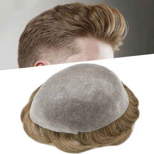 Miniatura 47 de Tupé de piel ultra fina para hombres pieza de cabello humano real sistema de reemplazo 0.002 in Mens Toupee Hairpiece para hombres V-Loop 8x10 80%