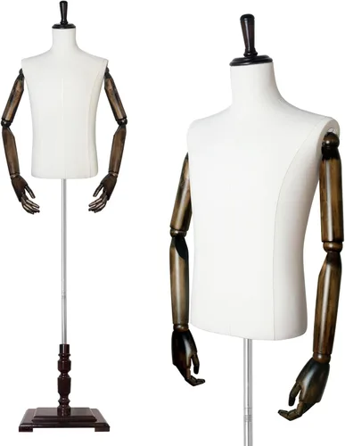 Torso de Maniquí Masculino Forma de Vestido Cuerpo de Maniquí con Brazos de Madera 61"~78" Altura Ajustable Cuerpo con Soporte de Madera para Ropa